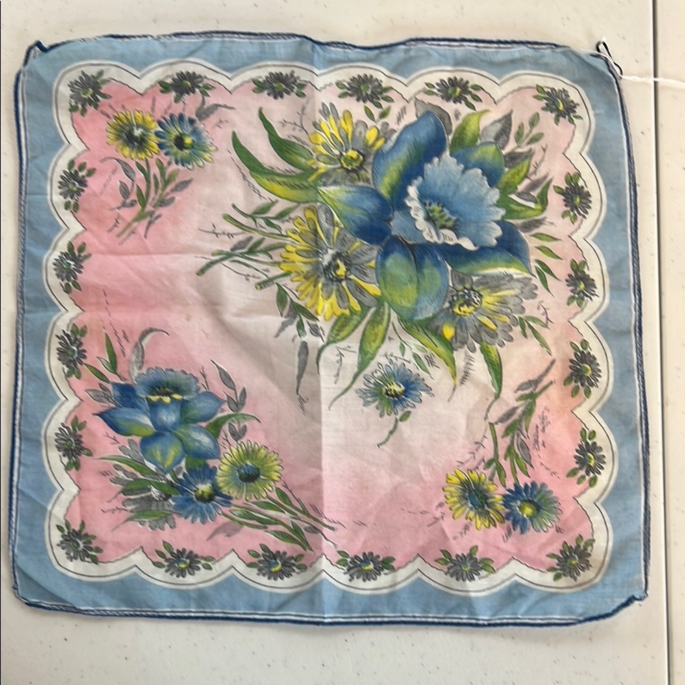 Floral Handkerchief with Blue and Pink Accents